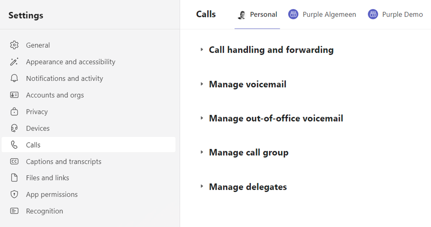 Teams calling Personal calling settings